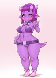 1girls 2020 belt blush breasts cameltoe collar dragon_girl eyelashes female gesture horn humanoid kionant looking_at_viewer navel nipple_outline purple_body purple_eyes shortstack simple_background solo standing text thick_thighs v watermark wide_hips