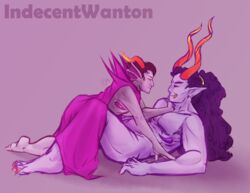 2boys ass black_hair cape fangs fins gay grand_highblood grey_skin homestuck horns indecentwanton long_hair ms_paint_adventures naked orphaner_dualscar purple_background purple_hair red_eyes scar short_hair smile troll yellow_eyes yellow_nails