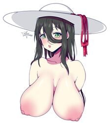 1girls ambiguous_nudity areolae big_breasts black_hair breasts bust bust_portrait female female_only green_eyes hasshaku-sama hat huge_breasts jojo_haruno long_hair looking_at_viewer nipples nude pentagram sun_hat toshi_densetsu_series uncensored uncensored_breasts white_hat