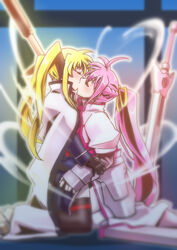 2girls bardiche blonde_hair blush boots bow braid cape closed_eyes clothed clothing colored_eyebrows couple day eyebrows_visible_through_hair fate_testarossa fingerless_gloves gauntlets gloves hair_ornament hair_ribbon hairbow hand_on_another's_arm hug kissing kneeling levantine long_hair lyrical_nanoha magic magical_girl mahou_shoujo_lyrical_nanoha mahou_shoujo_lyrical_nanoha_strikers multiple_girls pink_hair ponytail ribbon shiny shiny_hair signum sitting thighhighs twintails weapon yuri zettai_ryouiki