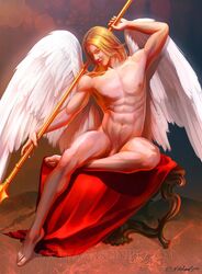 1boy abs blonde_hair christianity crossed_legs erect_nipples feathered_wings flaccid holding_weapon looking_at_viewer male_only mathiaarkoniel michael_the_archangel nude pecs public_domain religion sitting spear tagme veiny_muscles watermark