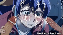 1girls 2boys blush bukakedraw censored cum cum_on_face cum_on_hair edit female green_eyes hair_ornament penis_grab purple_hair screenshot screenshot_edit serena_(yu-gi-oh!_arc-v) tears text url watermark yu-gi-oh! yu-gi-oh!_arc-v