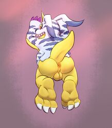 3_toes anus ass backsack balls blush bodily_fluids claws digimon digimon_(species) gabumon genitals hi_res horn looking_at_viewer lying male male_only on_front rad-lizer solo sweat toes