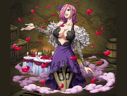 1girls artist_request barrel blue_eyes candle cleavage clothed dress feather_boa female female_only hair_flower hoop_earrings hourglass_figure official_art one_piece one_piece_treasure_cruise pink_hair princess rose rose_petals vinsmoke_reiju wine wine_glass