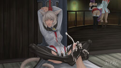 1boy 1girls animal_ears cum cum_on_feet dark_skin dr-alu feet female final_fantasy final_fantasy_xiv footjob miqo'te penis tail thighhighs white_hair y'shtola