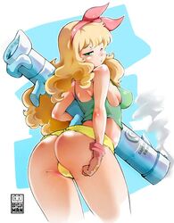 1girls ass bad_launch bayeuxman blonde_hair dat_ass dragon_ball dragon_ball_(classic) female female_only gloves green_eyes gun hair_ribbon launch lunch_(dragon_ball) rocket_launcher solo uncensored weapon wink