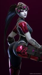 1girls 3d ass big_ass black_hair breasts female female_only latex long_hair looking_at_viewer mavixtious overwatch purple_eyes purple_lipstick small_breasts smiling smiling_at_viewer solo solo_female spider_widowmaker tattoo tight_clothing widowmaker