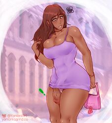 1futa adelai_malkadrix big_breasts breasts bursting_breasts cleavage dark-skinned_futanari dark_skin dickgirl futa_only futanari large_breasts solo yoni