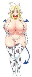 big_butt blonde_hair bovine cow_girl cow_print cowbell demon_horns demon_tail demon_wings elf_ears futon_(artist) horns huge_breasts pointy_ears red_eyes sling_bikini wings