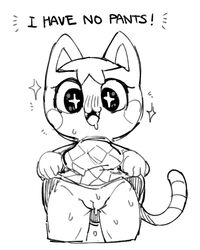 :3 animal_crossing anthro blush bodily_fluids bottomless clothed clothing domestic_cat felid feline felis female fur genitals looking_at_viewer mammal monochrome nintendo open_mouth presenting presenting_pussy pussy rosie_(animal_crossing) simple_background solo star-rod sweat text video_games white_background