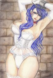 blue_eyes blue_hair breasts brick_wall corset gloves handcuffed handcuffs larentia_(tear_ring_saga) lingerie long_hair tear_ring_saga tear_ring_saga:_berwick_saga traditional_media_(artwork)