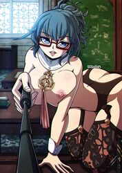 1girls areolae blue_eyes blue_hair breasts byleth_(fire_emblem) byleth_(fire_emblem)_(female) classroom female fire_emblem fire_emblem:_three_houses garter_belt garter_straps glasses kinkymation large_breasts mature_female nipples on_desk pink_nipples pointing_stick pov solo submissive_pov teacher teacher_outfit thighhighs topless