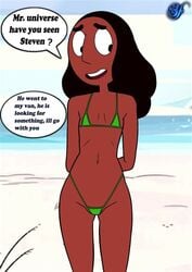 1girls arms_behind_back averting_eyes beach bikini brown_hair cartoon_network connie_maheswaran dark-skinned_female dark_hair dark_skin english_text facing_viewer flat_chest greg_universe hands_behind_back imminent_anal imminent_rape imminent_sex micro_bikini outdoors saifernsfw small_breasts solo standing steven_universe straight_hair swimsuit you_gonna_get_raped young