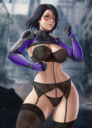 1girls 2020 alita battle_angel_alita big_breasts black_hair bra breasts cleavage curvaceous cyborg female female_only flowerxl garter_belt garter_straps large_breasts light-skinned_female light_skin lingerie looking_at_viewer panties short_hair small_panties solo thick_thighs thighhighs wide_hips