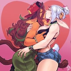 2girls animal_ears ass_grab blue_lipstick borrowed_character breast_grab breasts closed_eyes clothed crossover dark-skinned_female dark_skin eymbee female female_only freckles french_kiss groping interracial_yuri jackaye kissing large_breasts light-skinned_female light_skin lipstick long_hair multiple_girls original original_characters prehensile_tail rex_(pixiepowderpuff) ring short_hair shorts tail thumb_ring yuri