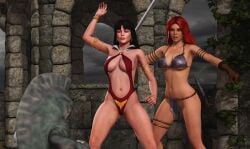 2girls 3d armlet black_hair bracelet chainmail chainmail_bikini cleavage crossover furbs3d holding_weapon large_breasts loincloth red_hair red_sonja red_sonja_(comics) sword vampire vampirella voluptuous