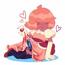 black_stockings blush cartoon_network cocoachicken dress female female_only gem_(species) hair_covering_eye hearts looking_at_viewer off_colors_(steven_universe) orange_dress orange_hair padparadscha_(steven_universe) posing red_shoes seductive short_hair skirt_lift skirt_up smiling steven_universe strap-on thick_lips thighs white_background white_gloves