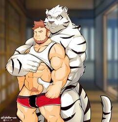 abs anthro barazoku black_stripes clothed clothing clothing_lift duo felid fur genitals gideon_grey11 hi_res human human_on_anthro humanoid_genitalia humanoid_penis interspecies male male/male mammal muscular pantherine penis pubes selfcest shirt shirt_lift square_crossover striped_body striped_tail stripes tiger topwear underwear white_body