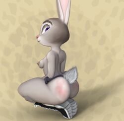 anthro ass belt big_butt biped boots breasts butt_focus clothing coffeewithdicks digital_media_(artwork) disney female footwear judy_hopps kneeling lagomorph legwear leporid long_ears looking_at_viewer looking_back mammal mostly_nude nipples pink_nose purple_eyes rabbit rear_view shoes shortstack small_breasts solo spanking thick_thighs zootopia