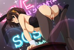 1girls animal_ears ass bent_over breasts brown_eyes brown_hair bunny_ears bunnysuit come_hither haruhisky leotard pantyhose partially_visible_vulva short_hair solo suzumiya_haruhi suzumiya_haruhi_no_yuutsu tail