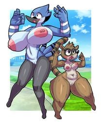 2girls 5:6 absurd_res anthro areolae avian beak bird blue_jay blush breasts cartoon_network chubby corvid duo erect_nipples fabianoferreira feathers female female_only genitals gesture hi_res huge_breasts jay_(bird) mammal medium_breasts mordecai mordecai_(regular_show) mordette_(benson_dancing) multiple_girls new_world_jay nipples nude ok_sign open_mouth procyonid pussy raccoon regular_show rigbette_(benson_dancing) rigby rigby_(regular_show) rule_63 smile standing teeth thick_thighs tongue toto_draw wide_hips