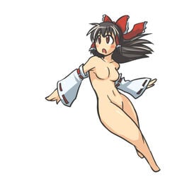 blush_stickers bow brown_eyes brown_hair chibi detached_sleeves female koraku_gekki no_nipples nude open_mouth reimu_hakurei solo touhou