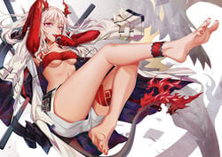 1girls arknights bare_legs barefoot breasts dragon dragon_girl fangs feet female foot_fetish horn horns looking_at_viewer nian_(arknights) pink_eyes red_clothing red_horns red_nail_polish red_nails red_toenails soles spread_toes tail toenails toes tongue tongue_out underboob white_hair