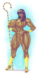 1girls abs absurd_res areola_slip breasts dark-skinned_female dark_skin egyptian female female_only full_body high_heels highres huge_ass huge_breasts muscular muscular_female naughty_face original original_character purple_eyes purple_hair seductive sling_bikini solo staff thick_thighs zetarok