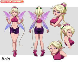 abs blonde_hair erin_(reit) fairy fairy_wings female flower_on_head flowers long_hair looking_at_viewer oc original original_character patreon pink_eyes ponytail reit sheets smile spats topwear various_positions wings