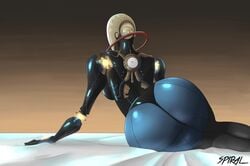 android artist_request ass ass_focus bald big_ass butt butt_crack cybernetic_arm from_behind joints mag_(warframe) pose posing presenting_hindquarters rear_view robot robot_girl sitting warframe