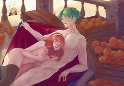 1boy 2girls alm_(fire_emblem) ass bangs big_ass blush breasts c0_nes celica_(fire_emblem) completely_nude erection exhibitionism faye_(fire_emblem) fire_emblem fire_emblem_echoes:_shadows_of_valentia fire_emblem_gaiden food fruit green_eyes green_hair handjob medium_breasts medium_hair naked_stockings naked_thighhighs nintendo nipples nude nude_female nude_male orange_(fruit) orange_eyes orange_hair penis public public_nudity red_eyes short_hair stealth_sex thighhighs very_short_hair