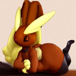 1:1 ambiguous_gender anthro ass big_ass brown_body brown_fur clothed clothing coffeewithdicks collar digital_media_(artwork) front_view fur furry hi_res lagomorph legwear long_ears lopunny lying mammal nintendo pokémon_(species) pokemon pokemon_(species) pokemon_dppt solo thick_thighs thigh_highs video_games wide_hips