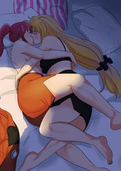 2girls absurdres barefoot bed blush bow bra breasts closed_eyes clothes_removed couple eyebrows_visible_through_hair fate_testarossa female female_only hair_ornament hairbow hand_on_another's_back highres hug kissing lyrical_nanoha mahou_shoujo_lyrical_nanoha_strikers midriff multiple_girls on_bed pillow ponytail signum topless underwear yuri