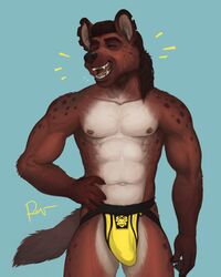 1boy 4:5 abs anthro black_nose brown_body brown_fur bulge claws clothing countershade_torso countershading fangs fur hi_res hyaenid jockstrap male male_only mammal nipples rov solo spots spotted_hyena underwear yellow_underwear