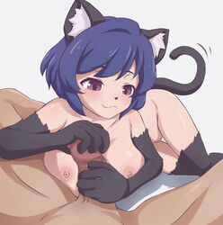 2020 absurd_res areola blue_hair blush breasts character_request claws daxieshen_huashi duo felid female genitals glans hair hi_res human inner_ear_fluff ishuzoku_reviewers male mammal nipples penis pussy sharp_claws simple_background straight tuft white_background