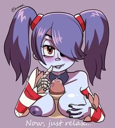 1girls blush charredarousal dialogue lipstick_on_penis paizuri red_eyes skullgirls squigly stitched_mouth titjob twintails zombie_girl