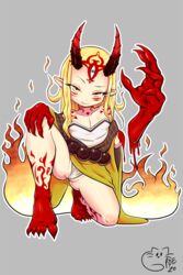 2020 5_fingers ass berserker_ibaraki-douji biped blonde_hair blood bodily_fluids breasts cameltoe claws cleavage clothed clothing cute_fangs demon demon_humanoid eyebrows fate_(series) female fingers fire grey_background hair hi_res horn horned_humanoid humanoid humanoid_pointy_ears looking_at_viewer multicolored_body pale_skin partially_visible_vulva pillarbox poethewondercat raised_eyebrow red_body red_skin signature simple_background solo translucent translucent_hair underwear yellow_eyes