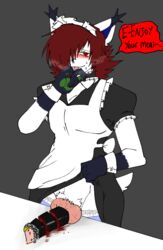 animal_genitalia animal_penis anthro blood blue_body blush bodily_fluids breath canine_penis castration cbt claws clothed clothing cock_and_ball_torture crossdressing crotch_tuft danny_yagami_(steelydanny) ear_tuft english_text finger_claws food furniture genital_fluids genital_mutilation genital_torture genitals gore grey_background guro hair huff knot maid_uniform male malesub multicolored_body panties panties_down penectomy penis red_claws red_eyes red_hair shirt_pull simple_background speech_bubble sushi table text tongue tongue_out tuft two_tone_body underwear uniform urine white_body