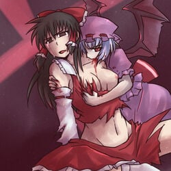 2girls bite biting_shoulder blood blood_sucking blue_hair bow brown_eyes brown_hair clothing crying demon_wings detached_sleeves female_only hat koraku_gekki large_breasts multiple_girls navel no_bra red_eyes reimu_hakurei remilia_scarlet skirt sucking_blood torn_clothing touhou vampire wings