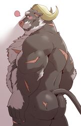 absurd_res ahab_(tokyo_afterschool_summoners) ass back_muscles blush bovid bovine facial_hair hairy hi_res horn jumperbear looking_back male male_only mammal mature_male moustache nipples nude pecs scar solo tokyo_afterschool_summoners true_buffalo video_games water_buffalo