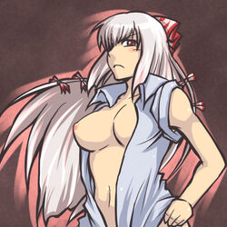 blush frown fujiwara_no_mokou hand_on_hip koraku_gekki large_breasts long_hair no_bra open_clothes red_eyes touhou very_long_hair white_hair