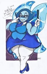 5_fingers aquamarine_(steven_universe) artist_signature ass belly big_ass big_breasts blouse blue_blouse blue_eyes blue_hair blue_shoes blue_skin blue_skirt blue_tie bottom_heavy breasts busty cartoon_network chubby color english_text evil_grin eyebrows female female_only friskyhellspawn front_view gem gem_(species) gloves hips necktie plump shoes skirt solo solo_female steven_universe thick_thighs thighs wide_hips