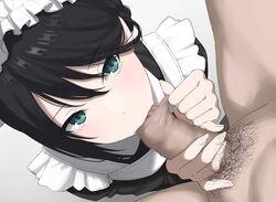 1boy 1girls apron bangs black_dress black_hair blowjob blush breasts censored dress faceless_male fellatio female female_focus foreskin foreskin_insertion foreskin_play foreskin_pull foreskin_stretching green_eyes intact kaminari_doon licking licking_penis long_hair long_sleeves looking_at_viewer maid maid_headdress male_pov male_pubic_hair mosaic_censoring neltumo oral original pale-skinned_female pale_skin partially_retracted_foreskin penis pubic_hair small_penis straight uncircumcised uncut white_apron