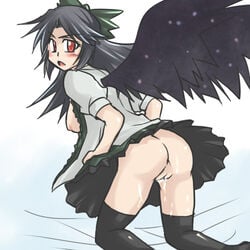 black_hair blush boobs bow breasts eyebrows_visible_through_hair koraku_gekki looking_at_viewer looking_back nipples no_panties no_panties_under_skirt open_mouth pussy pussy_juice red_eyes tagme thighhighs touhou upskirt utsuho_reiuji wings