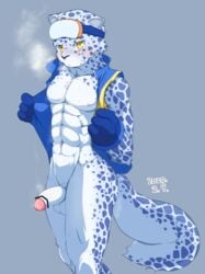 abs blush bodily_fluids bottomless chirasgi clothed clothing erection felid male male_only mammal muscular muscular_male ollie_(pop'n_music) open_vest pantherine pecs snow_leopard solo sweat topwear vest