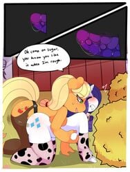 3:4 all_fours anthro anthro_on_anthro anthro_penetrated anthro_penetrating anthro_penetrating_anthro applejack_(mlp) big_breasts blush bodily_fluids breast_grab breasts clothing comic dialogue dildo equid female female/female female_penetrated female_penetrating female_penetrating_female freckles friendship_is_magic hand_on_breast hi_res horn kikiluv legwear mammal my_little_pony penetration rarity_(mlp) sex_toy straight_hair strapon sweat thigh_highs unicorn yuri