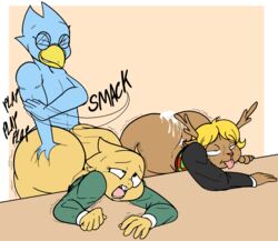 1boy 2020 2girls 5_fingers after_sex alphys alternate_ass_size ambiguous_penetration anthro anthro_on_anthro antlers ass avian beak bent_over berdly big_ass big_butt bird blonde_hair blue_body blue_feathers bodily_fluids bottomless brown_body brown_fur bubble_butt buckteeth butt_slap capreoline cervid closed_eyes clothed clothing cum cum_on_butt deltarune english_text eye_roll eyelashes eyewear feathers female fingers freckles from_behind_position front_view fur genital_fluids glasses group hair half-closed_eyes hand_on_butt hi_res horn huge_butt large_ass looking_pleasured male male/female mammal masterj291 motion_lines narrowed_eyes noelle_holiday nude onomatopoeia open_mouth orgasm_face penetration red_nose reindeer reptile scales scalie sex shaking shirt short_hair simple_background slap smile sound_effects spanking straight sweat tan_body tan_fur teeth text tongue tongue_out topless topwear trembling undertale wide_hips yellow_beak yellow_body yellow_scales