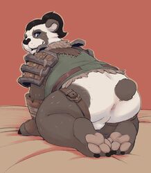 2020 anus armor ass balls black_body black_fur blizzard_entertainment blue_eyes fur genitals hi_res male male_only mammal pandaren seth-iova simple_background slightly_chubby solo ursid video_games warcraft white_body white_fur