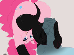 4:3 ass balls big_butt bodily_fluids clothing cum earth_pony equid equine erection female feral friendship_is_magic genital_fluids genitals hoofjob_(hindlimbs) hoofjob_with_legwear horse kikiluv legwear male mammal my_little_pony penis pinkie_pie_(mlp) pony rubber sex simple_background straight thigh_highs thong underwear upside-down vein veiny_penis