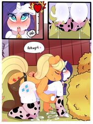 <3_eyes 3:4 all_fours anthro anthro_on_anthro anthro_penetrated anthro_penetrating anthro_penetrating_anthro applejack_(mlp) big_breasts blush bodily_fluids breast_grab breasts clothing comic dialogue dildo equid female female/female female_penetrated female_penetrating female_penetrating_female freckles friendship_is_magic hand_on_breast heart hi_res horn kikiluv lactating legwear mammal my_little_pony penetration rarity_(mlp) sex_toy straight_hair strapon sweat thigh_highs unicorn yuri